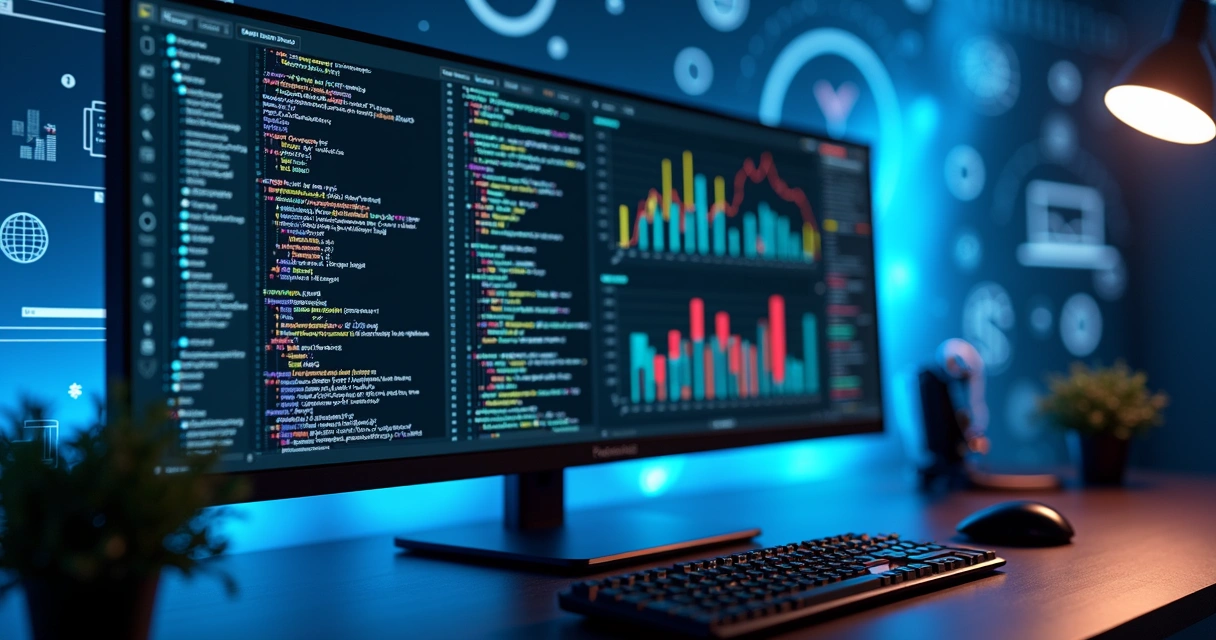 Tela de computador exibindo código de web scraping e gráficos de dados extraídos automaticamente 