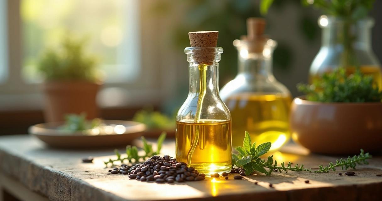 Mesa de madeira com sementes e folhas de moringa ao lado de frasco de óleo dourado 