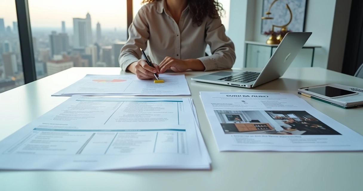 Person reviewing extraordinary ability visa business plan alongside portfolio of achievements