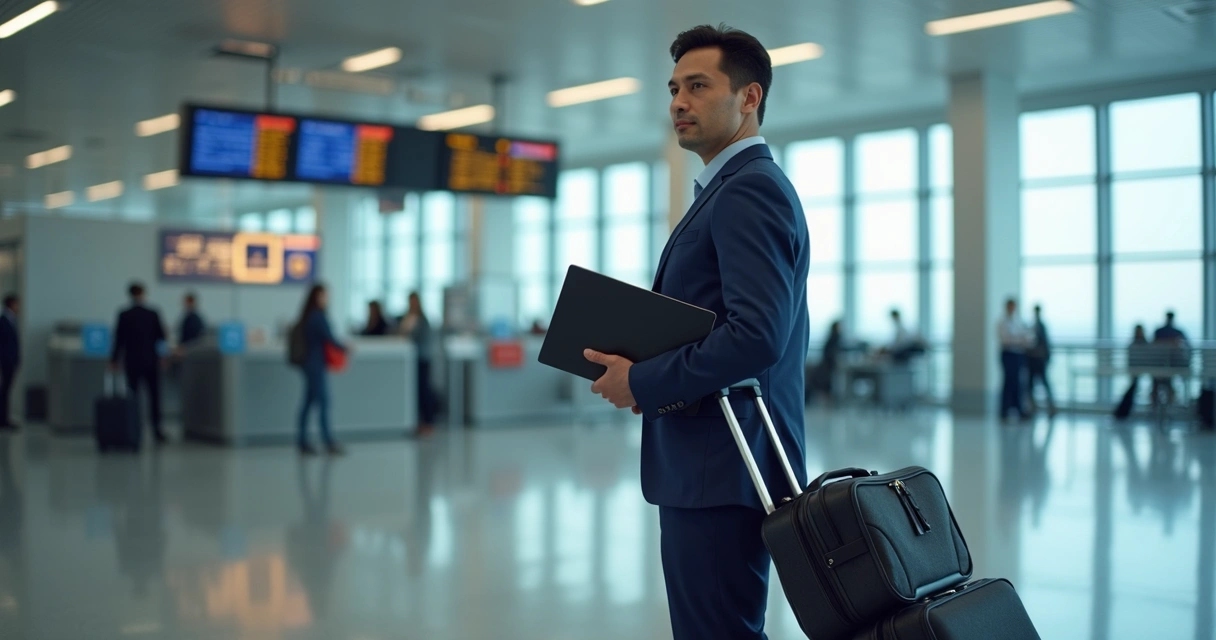 Business traveler at airport with U.S. documents and luggage