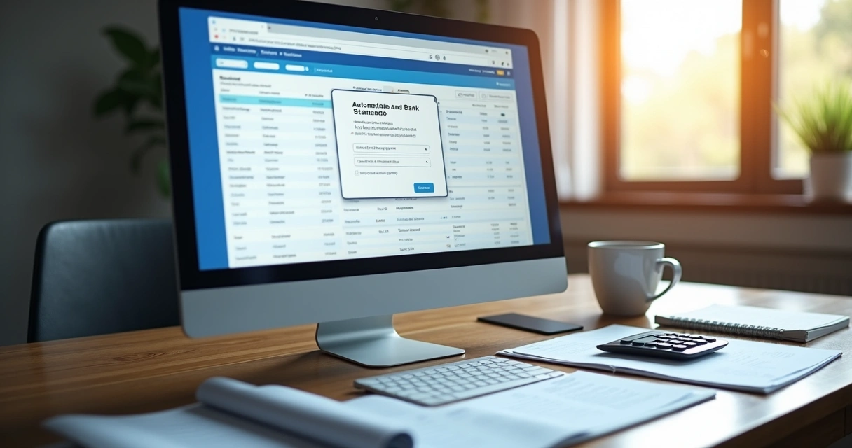 Computador exibindo tela de envio automático de extratos bancários para contador. 