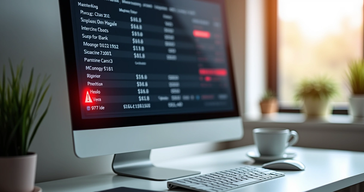Tela de computador mostrando extrato bancário com cobranças destacadas em vermelho e ícone de alerta ao lado 