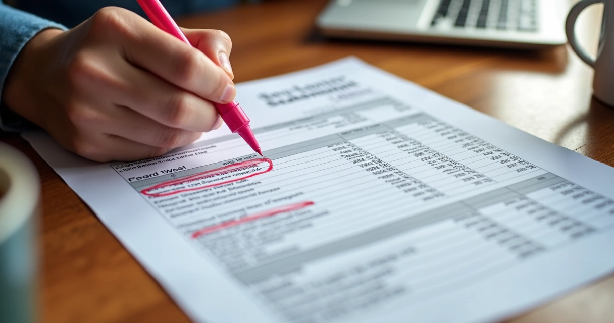 Extrato bancário impresso em mesa de madeira mostrando detalhes de tarifas 