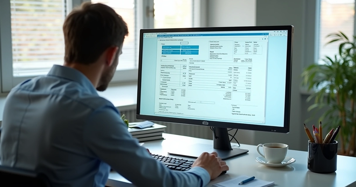 Homem analisando extrato bancário digital em tela de computador 