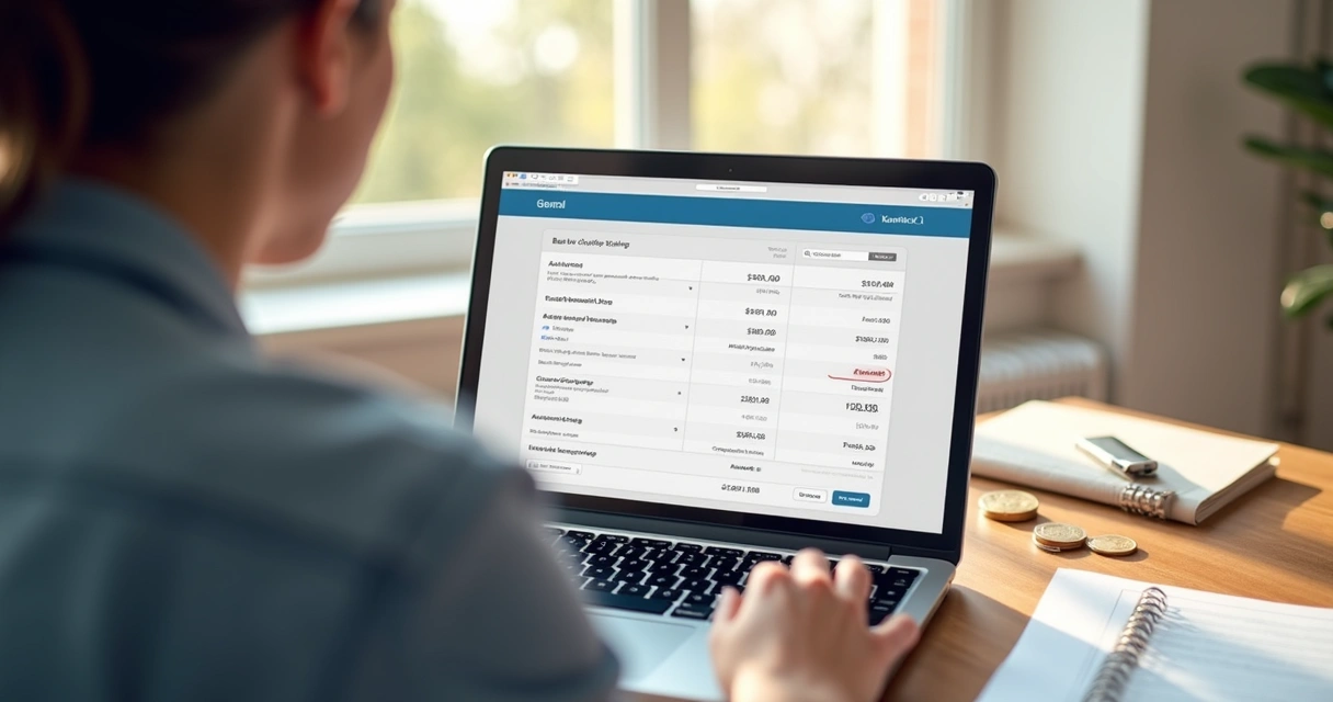 Pessoa usando computador analisando extrato bancário detalhado na tela, com várias linhas de tarifas destacadas