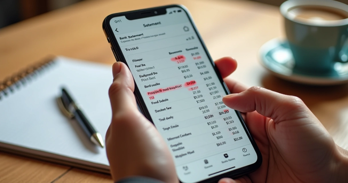 Mãos segurando um smartphone mostrando um extrato bancário detalhado com diversas transações e taxas destacadas em vermelho 