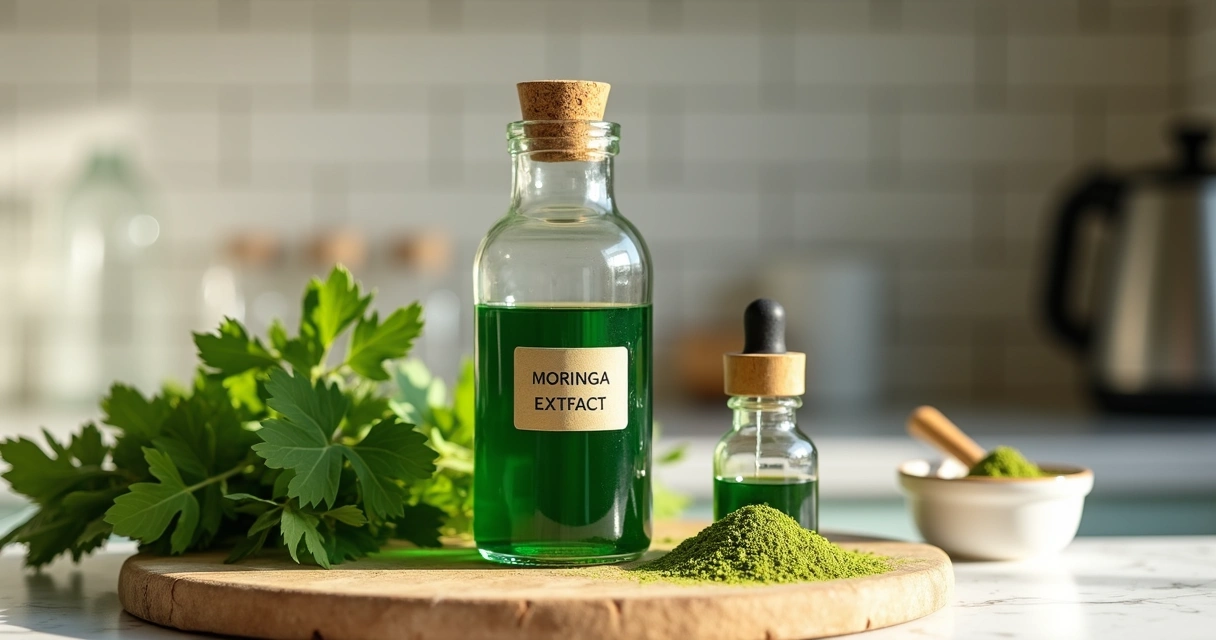 Mesa com extrato concentrado de moringa em frasco de vidro ao lado de folhas frescas e pó de moringa 