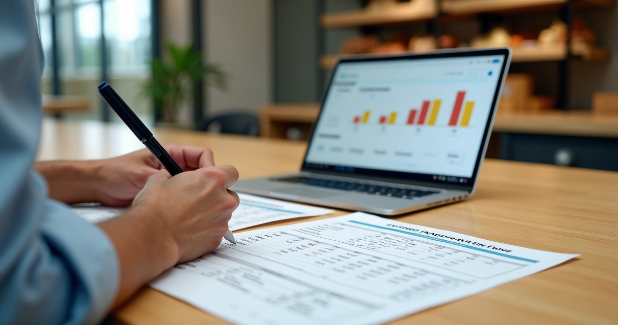 Gestor de delivery organizando extrato financeiro impresso com painel de gráficos ao fundo 