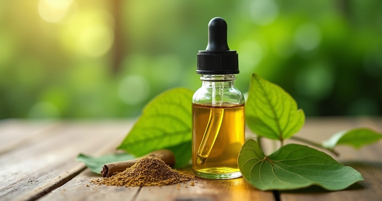 Extrato de moringa em frasco com folhas secas ao lado 