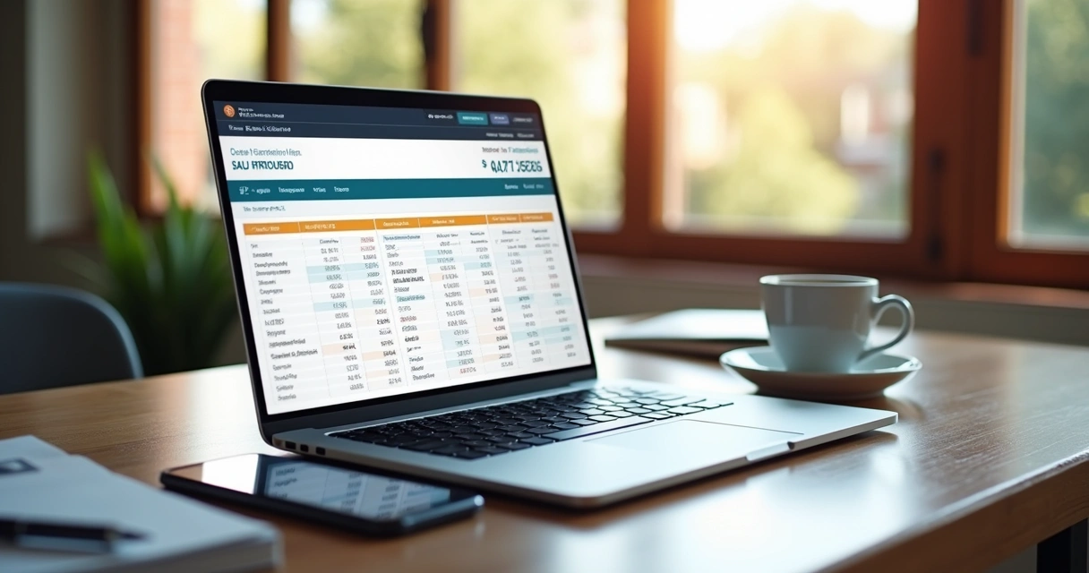Notebook exibindo extrato bancário OFX em tela com gráficos e dados financeiros detalhados 