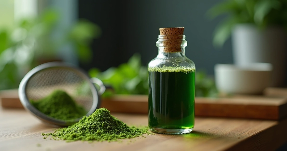Extrato verde de moringa em frasco de vidro