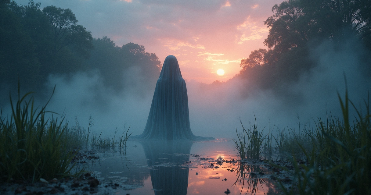 Entidade espiritual do Exu do Lodo emergindo de um charco com elementos aquáticos e plantas ao redor