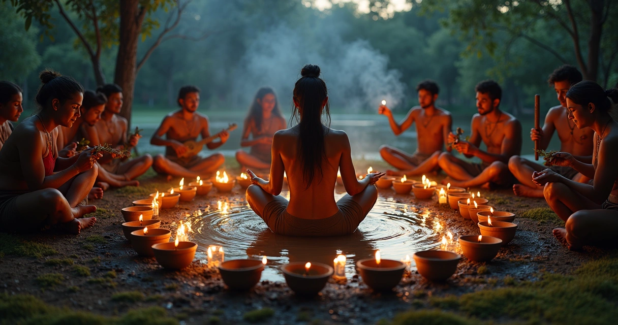 Ritual de Exu do Lodo no terreiro, com atabaques, médiuns e oferendas 