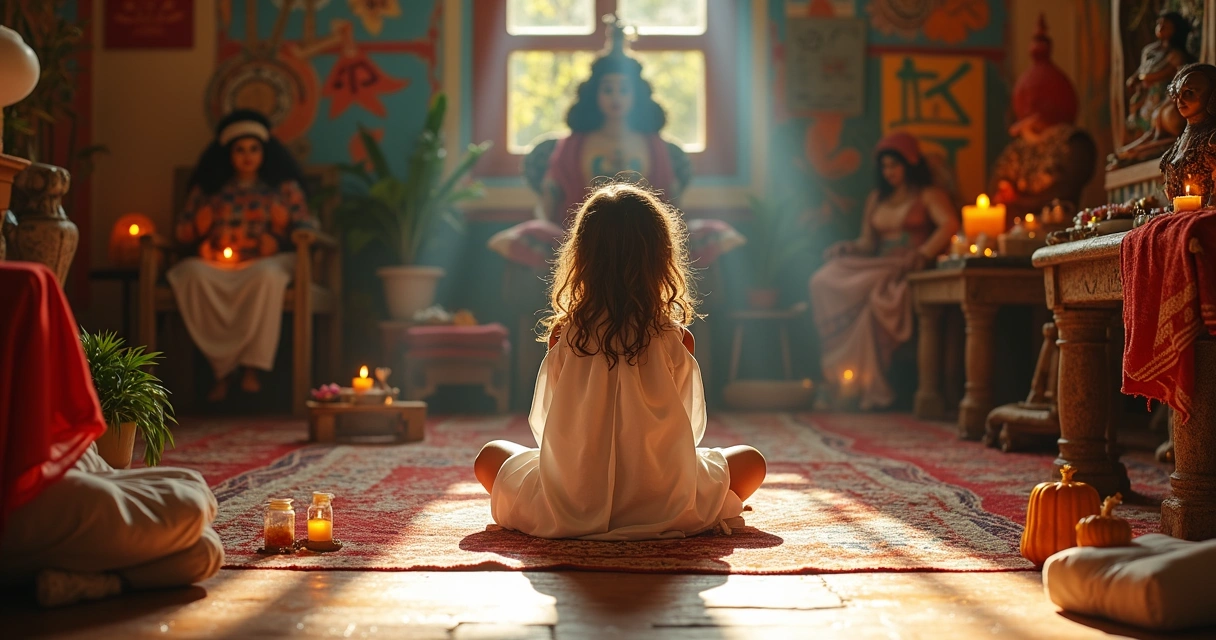 Criança sentada em templo espiritual diante de altares coloridos de Umbanda 