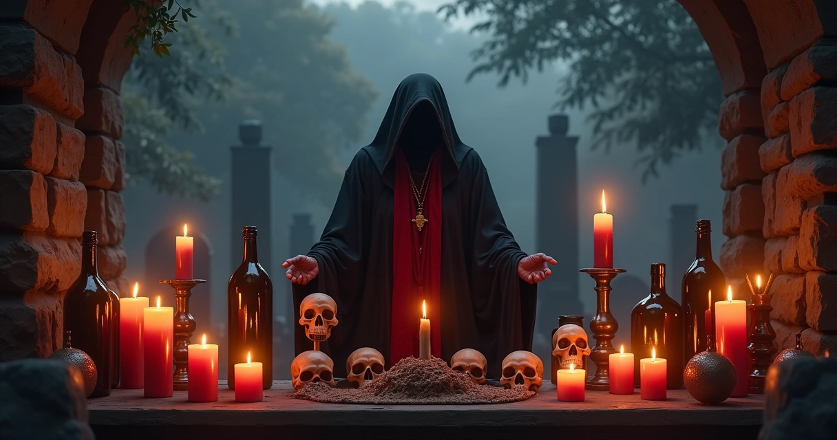 Ilustração de Exú Tata Caveira em ritual espiritual com caveiras, velas e atmosfera mística ao fundo. 