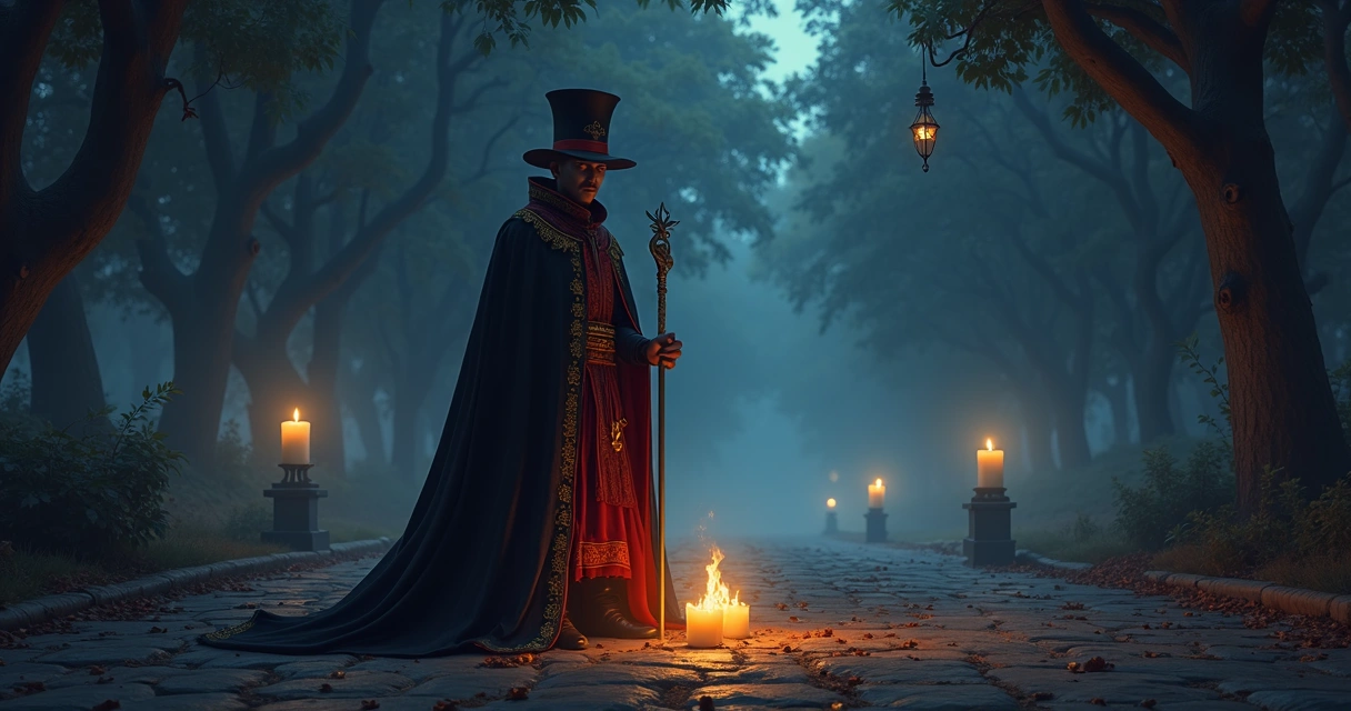 Cena noturna em uma encruzilhada com figura de Exu Tranca Rua e elementos tradicionais 