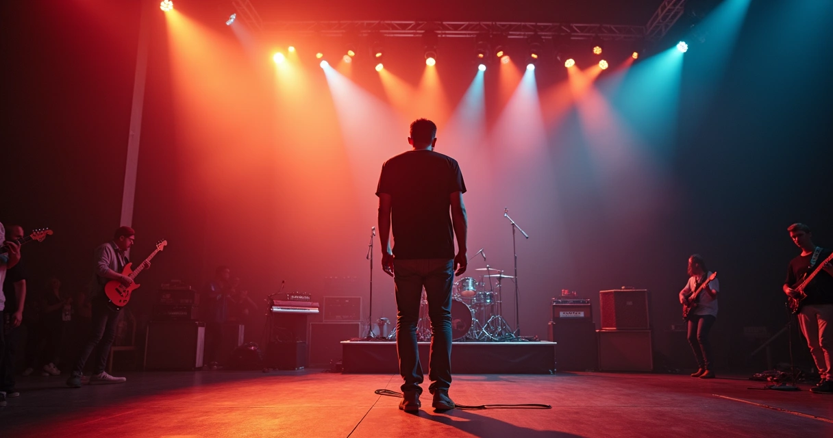 Músico em palco iluminado, segurando instrumento 