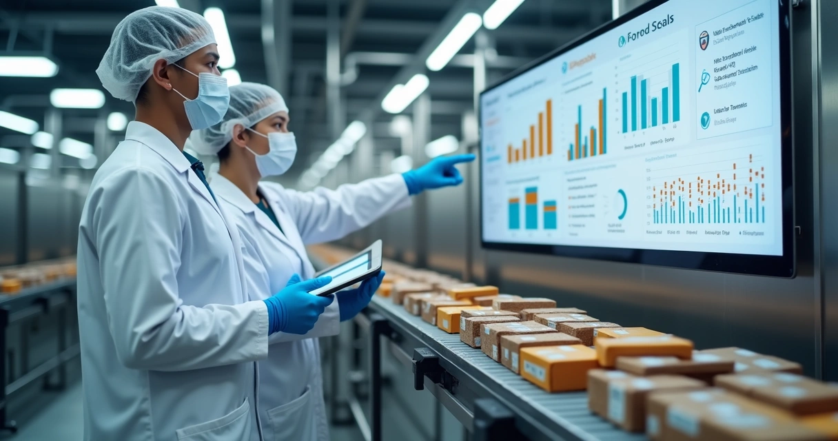 Linha de produção de alimentos com operadores olhando para painel digital de indicadores OEE e qualidade 