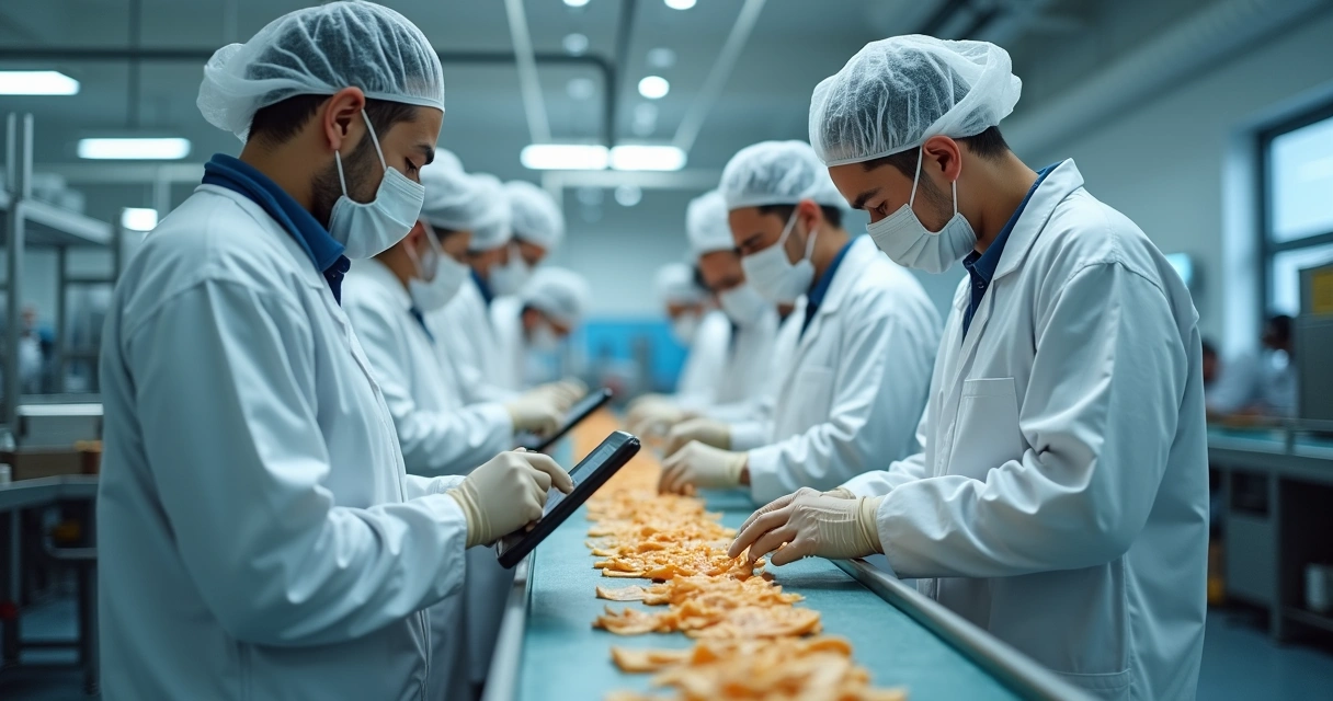 Funcionários uniformizados realizam tarefas padronizadas em uma linha de produção de alimentos 