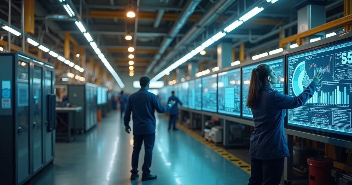 Setor industrial com operadores e telas digitais indicando dados em tempo real