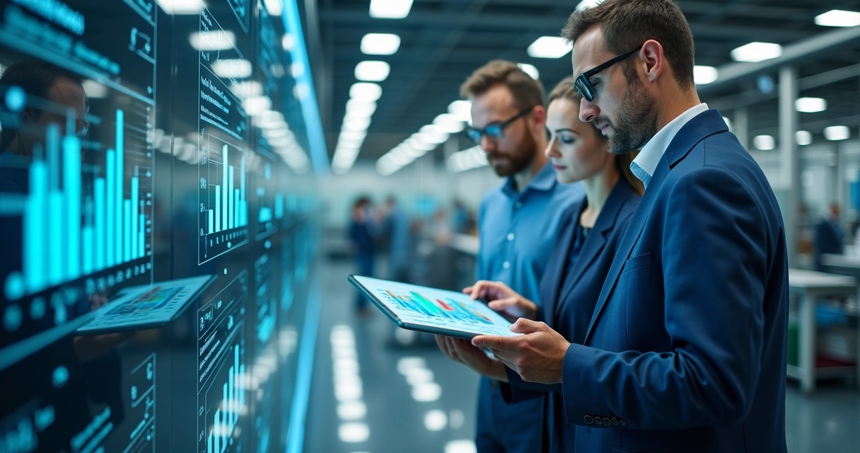 Equipe de consultores analisando chão de fábrica industrial 