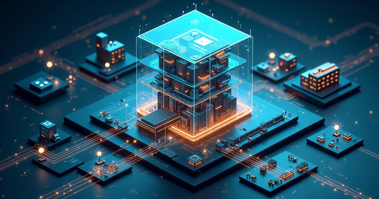 Fluxos de trabalho digitais iluminados passando por engrenagens em formato de prédio corporativo 