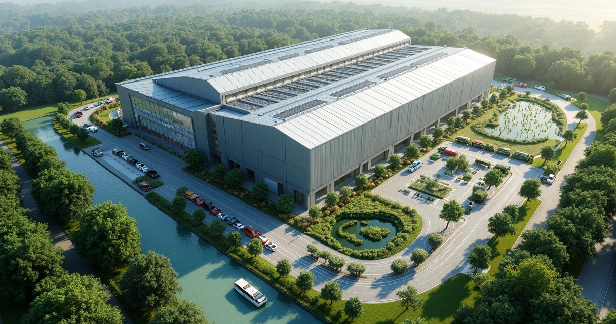 Vista aérea de fábrica com setores de reciclagem e reutilização de materiais 