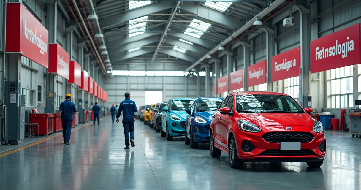 Vista da fábrica da Fiat em Betim com carros novos saindo da linha de montagem 