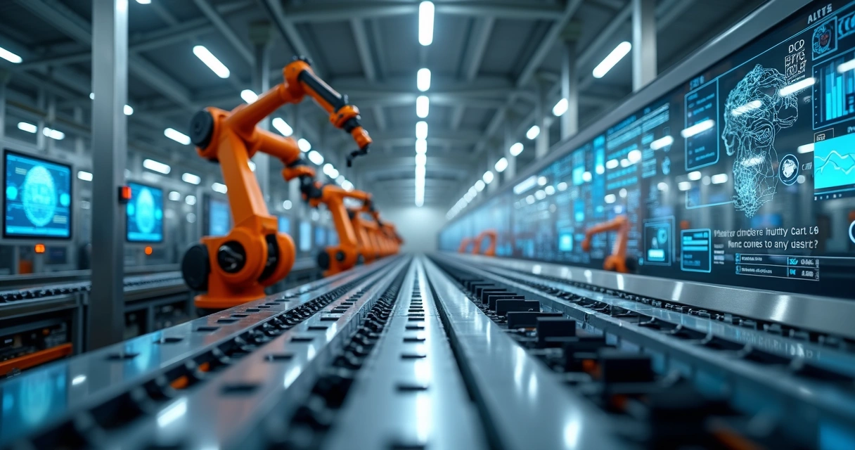 Interior de fábrica moderna com linhas de produção automatizadas e robôs industriais trabalhando em alta tecnologia 