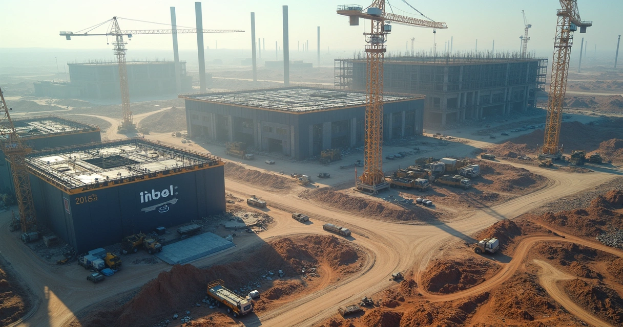 Vista aérea de fábrica da Intel em construção e máquinas trabalhando 