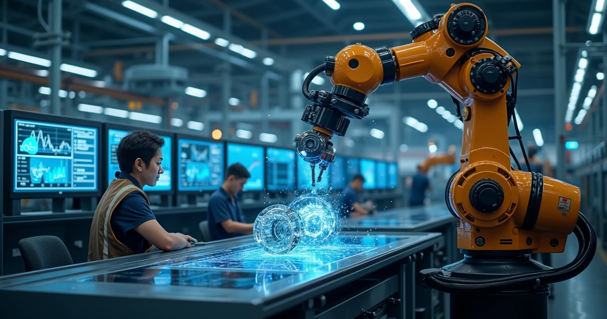 Linha de produção automatizada com braço robótico e tela exibindo gráficos 