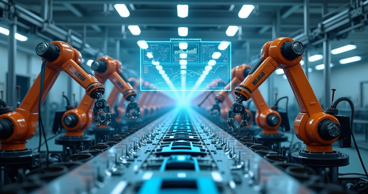 Linha de produção industrial automatizada com braços robóticos 