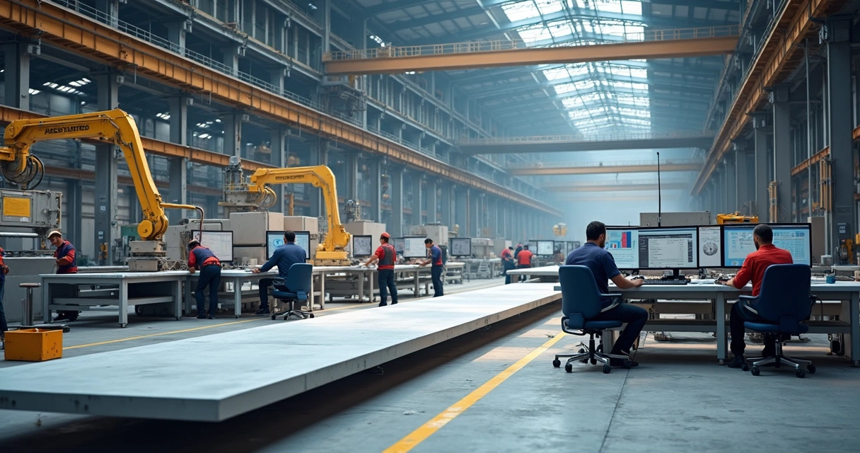 Funcionários em fábrica de lajes usando computadores para acompanhar pedidos 