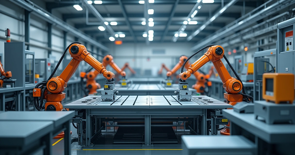Linha de produção automatizada com braços robóticos em fábrica 
