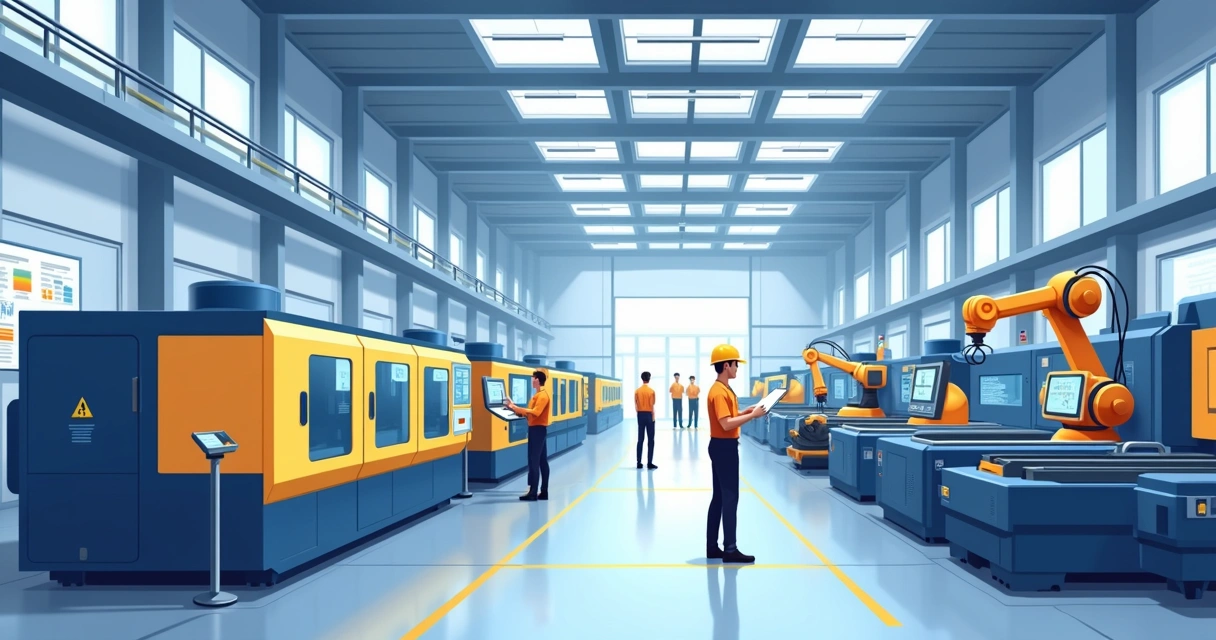 Fábrica com máquinas industriais modernas alinhadas 