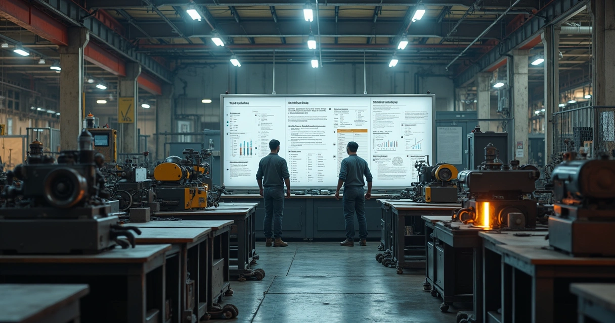 Chão de fábrica com máquinas, operários trabalhando e quadros de metas expostos