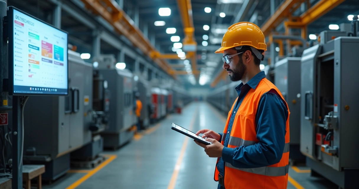 Gestor em fábrica metal mecânica analisando painel digital de OKRs e backlog de produção 