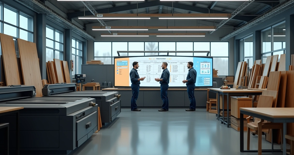 Visão interna de fábrica de móveis com equipamentos modernos e equipe discutindo ao lado de grandes telas exibindo gráficos de desempenho digital 