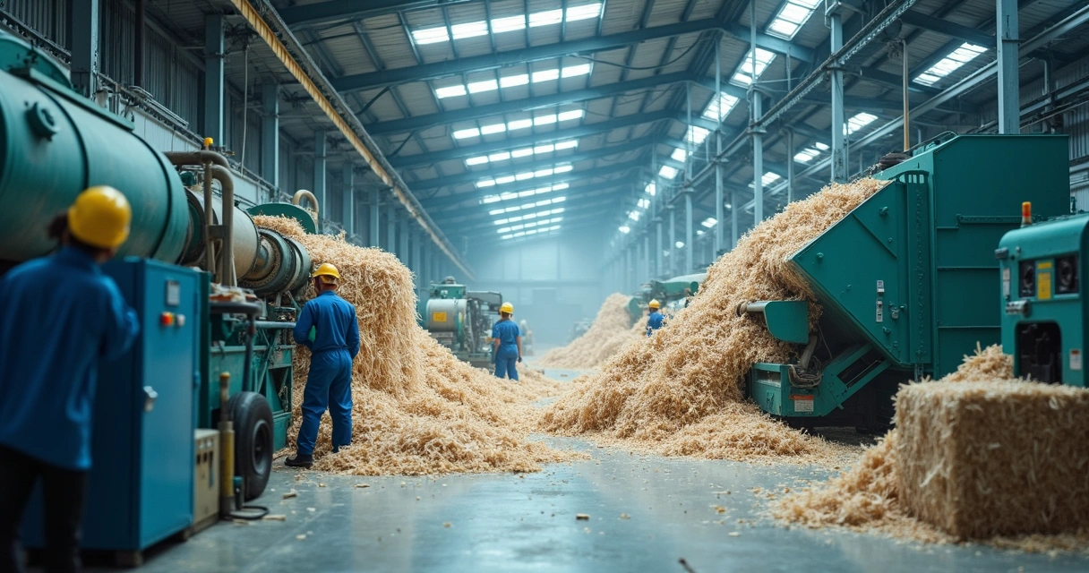 Fábrica com papel reciclado sendo processado em máquinas industriais 