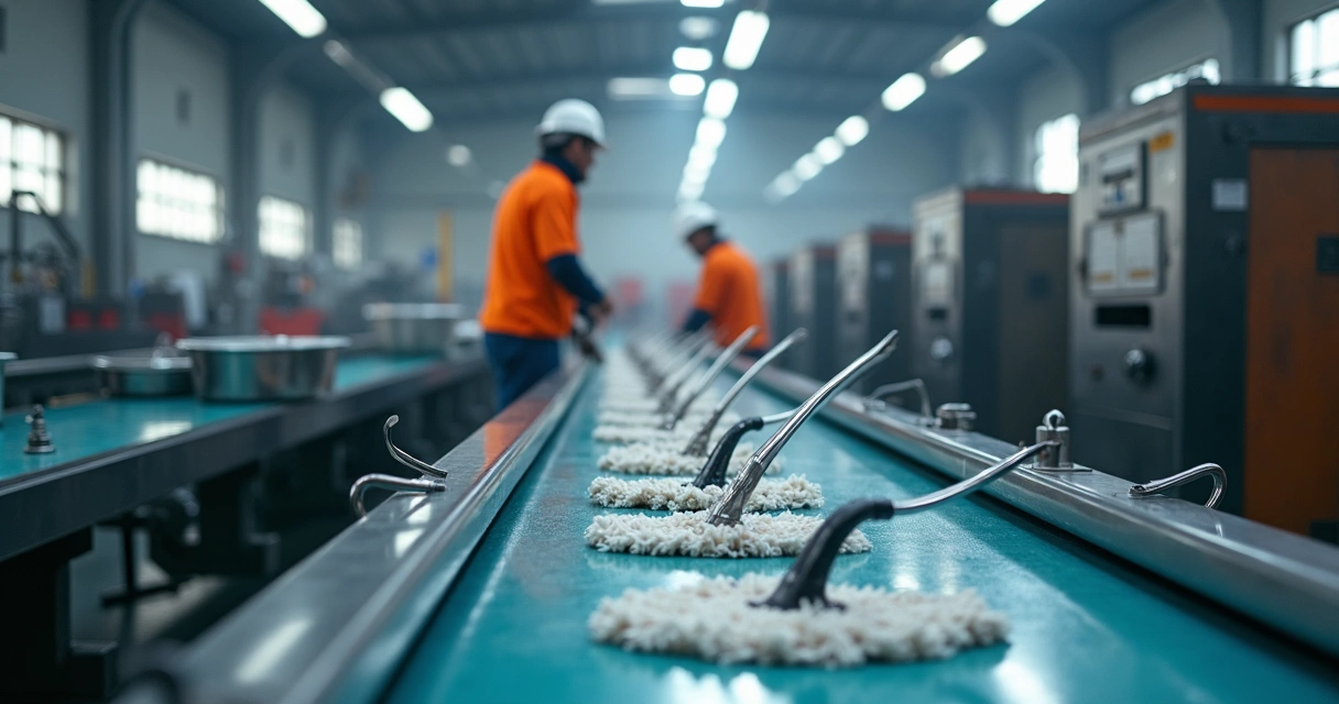 Linha de produção de fábrica mostrando peças de aço inoxidável para limpeza 