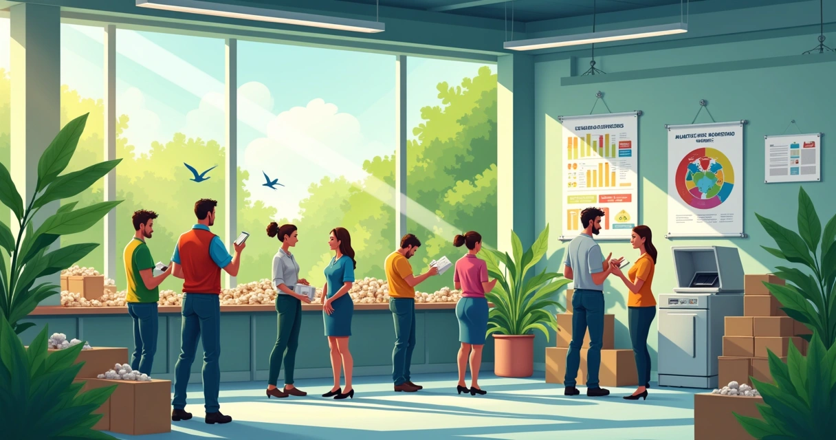 Equipe diversificada em uma fábrica, trabalhando com materiais reciclados e promovendo práticas sustentáveis.