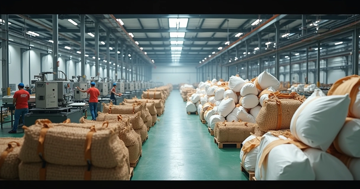 Linha de produção de sacos de ráfia em fábrica de embalagens 