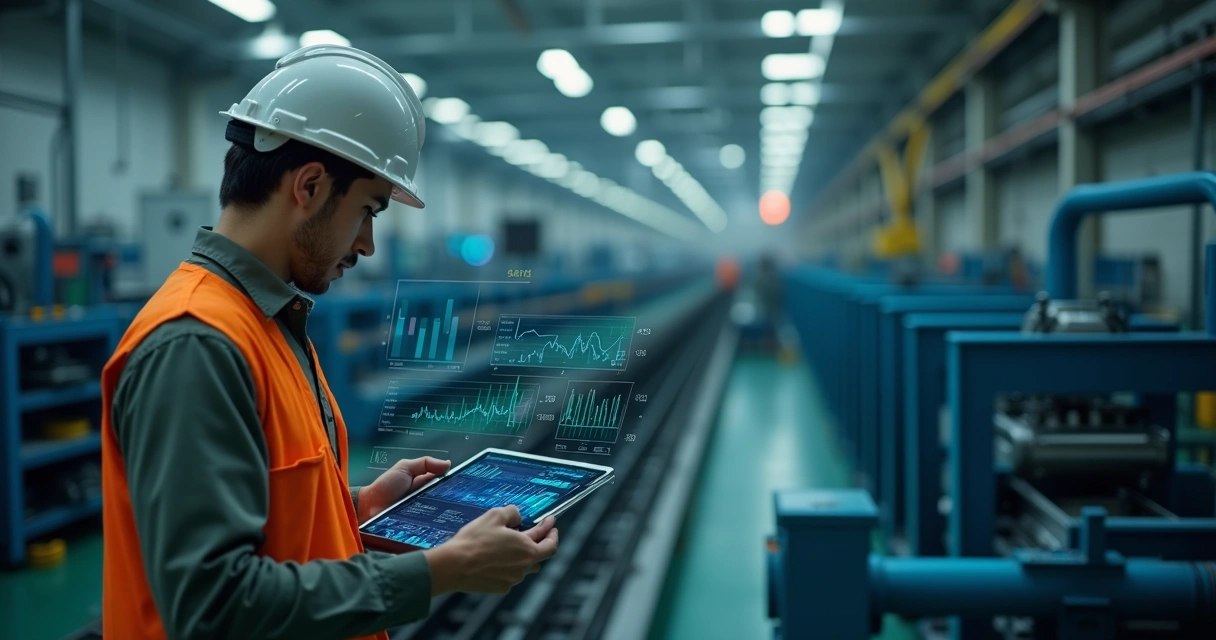 Gestor em fábrica usando tablet analisa dados de commodities 