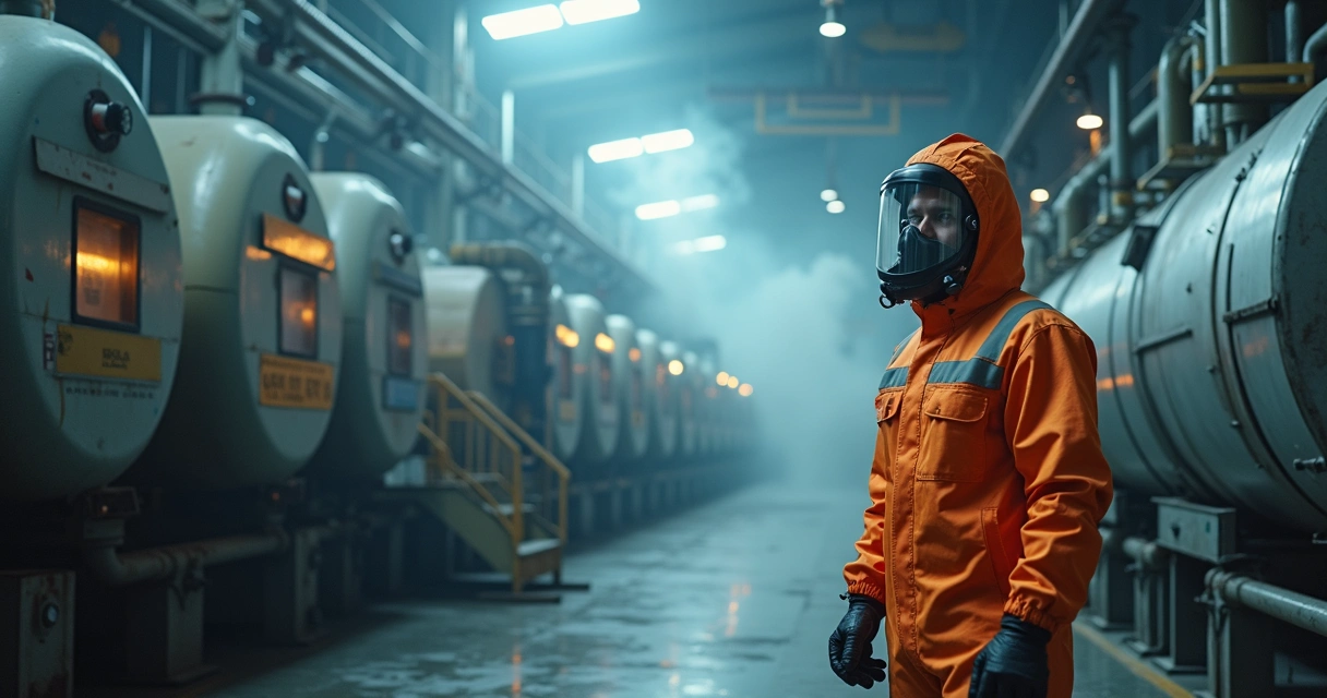 Funcionário em ambiente industrial com proteção e agentes químicos visíveis 