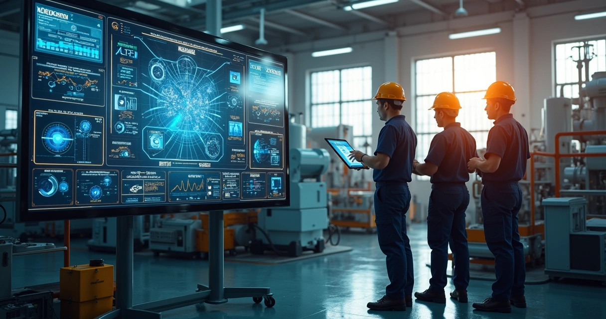 Equipe analisando processos em chão de fábrica moderno 