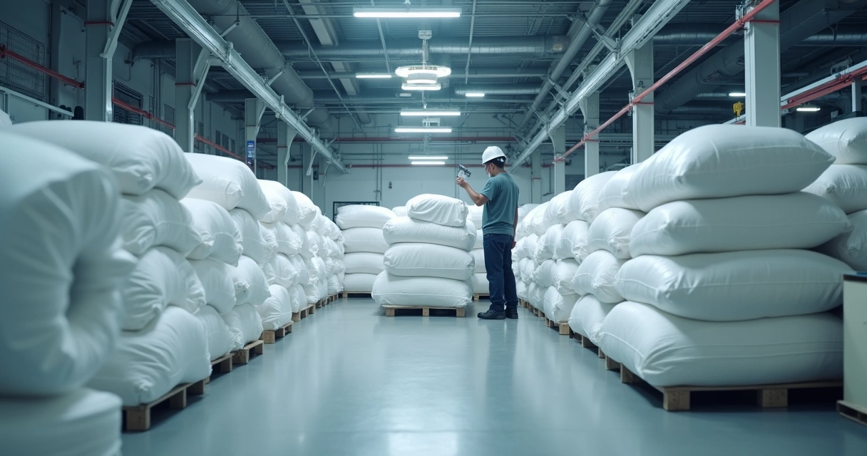 Funcionário conferindo sacos de ráfia em linha de produção industrial