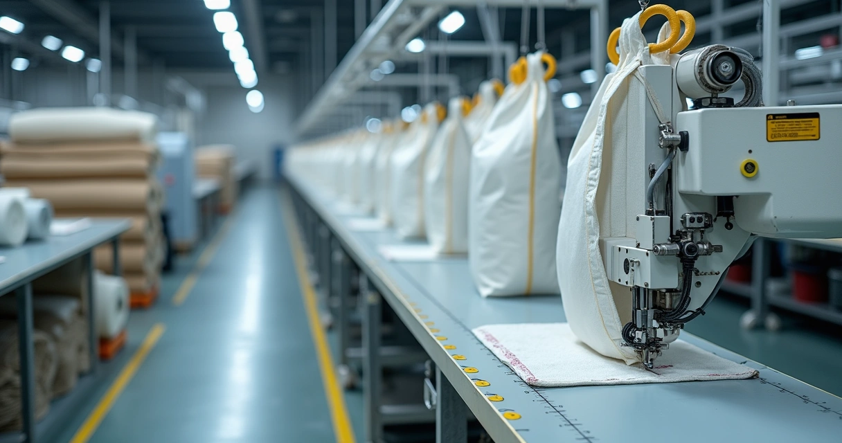 Tecido de ráfia sendo costurado em big bag em máquina industrial moderna 