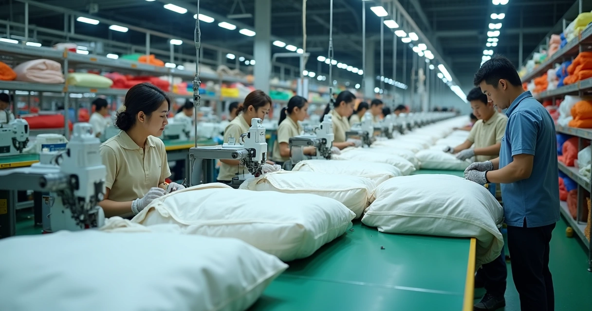 Linha de produção de big bags com trabalhadores operando máquinas de costura industrial 