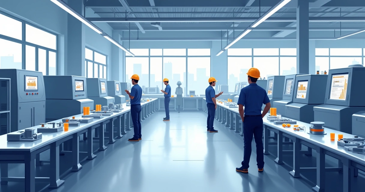 Linha de produção industrial com máquinas e operários 