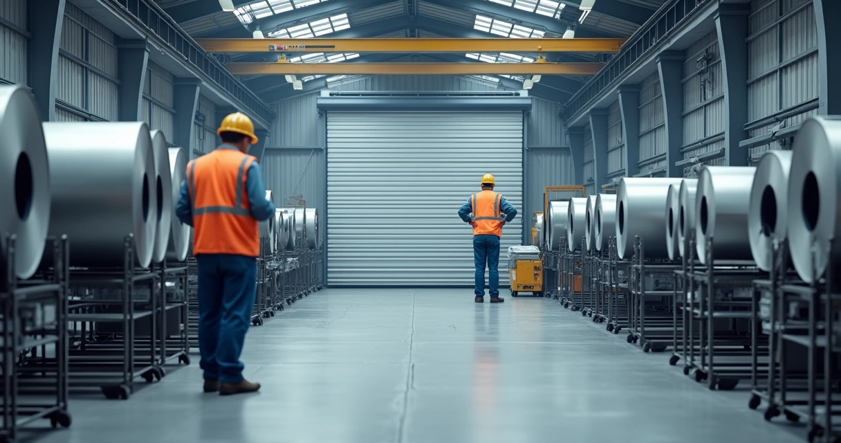 Fábrica produzindo portas de enrolar automáticas com profissionais montando lâminas de aço 